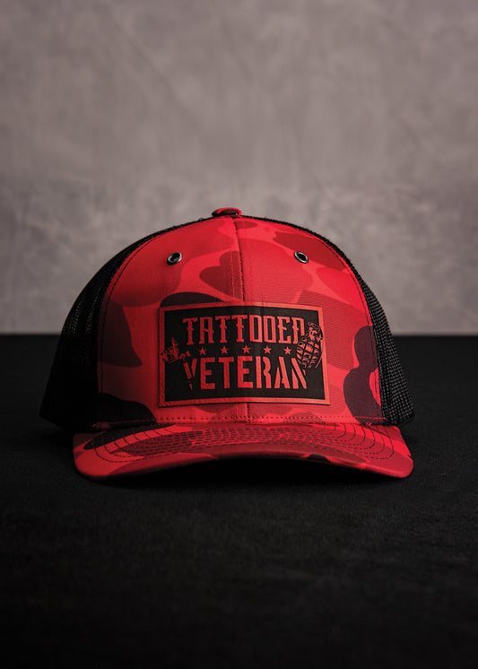 Tattooed Veteran Leatherette Patch - Red Camo Trucker Hat