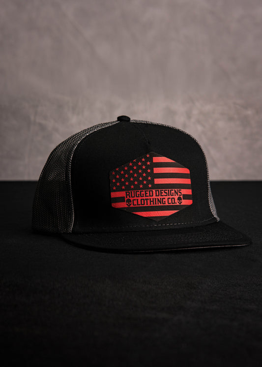 Rugged Flag Hexagon Leatherette Patch - Black/Gray Trucker Hat