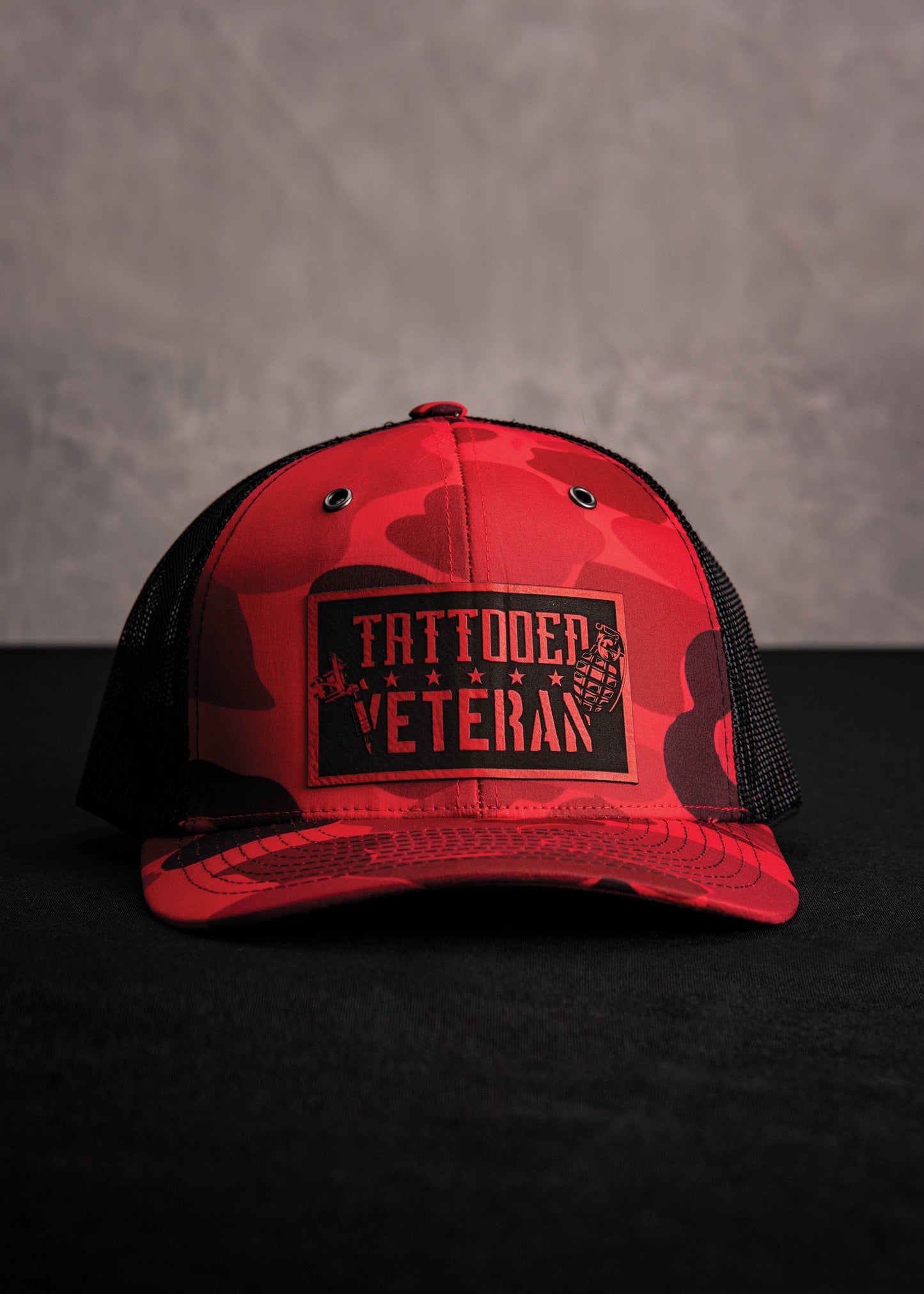 Tattooed Veteran Leatherette Patch - Red Camo Trucker Hat