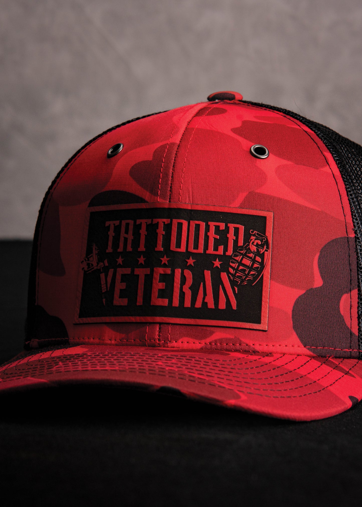 Tattooed Veteran Leatherette Patch - Red Camo Trucker Hat