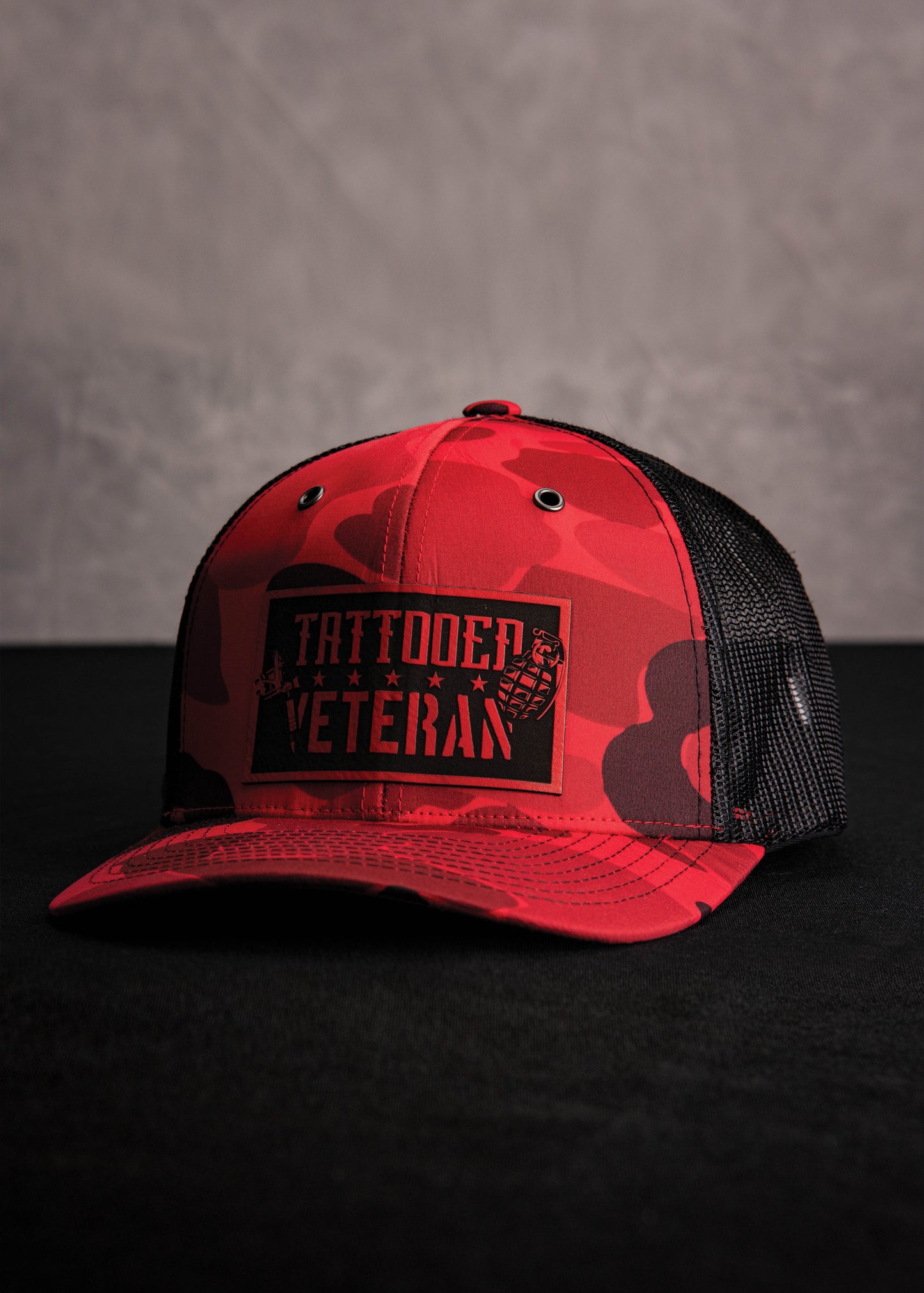 Tattooed Veteran Leatherette Patch - Red Camo Trucker Hat