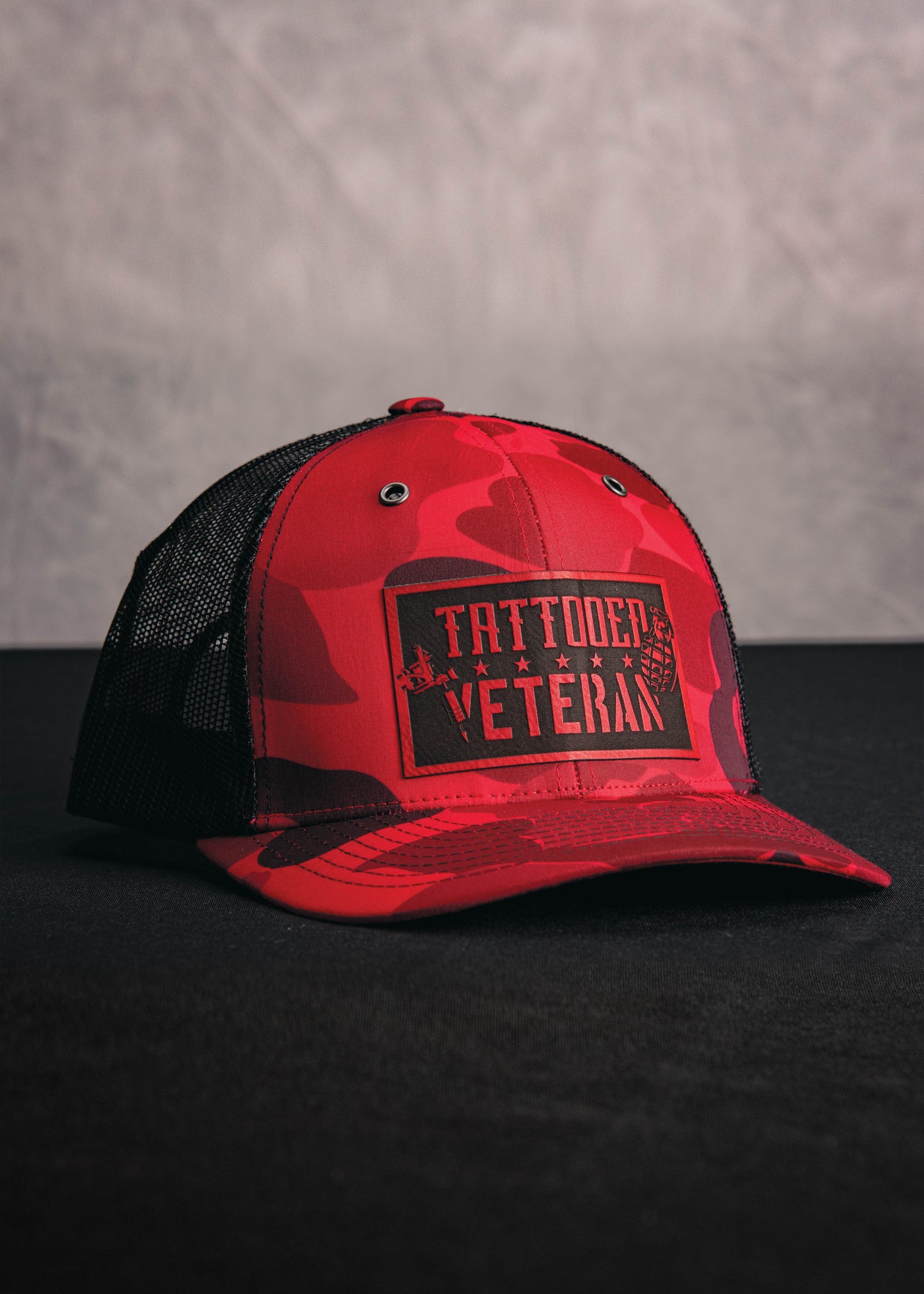 Tattooed Veteran Leatherette Patch - Red Camo Trucker Hat