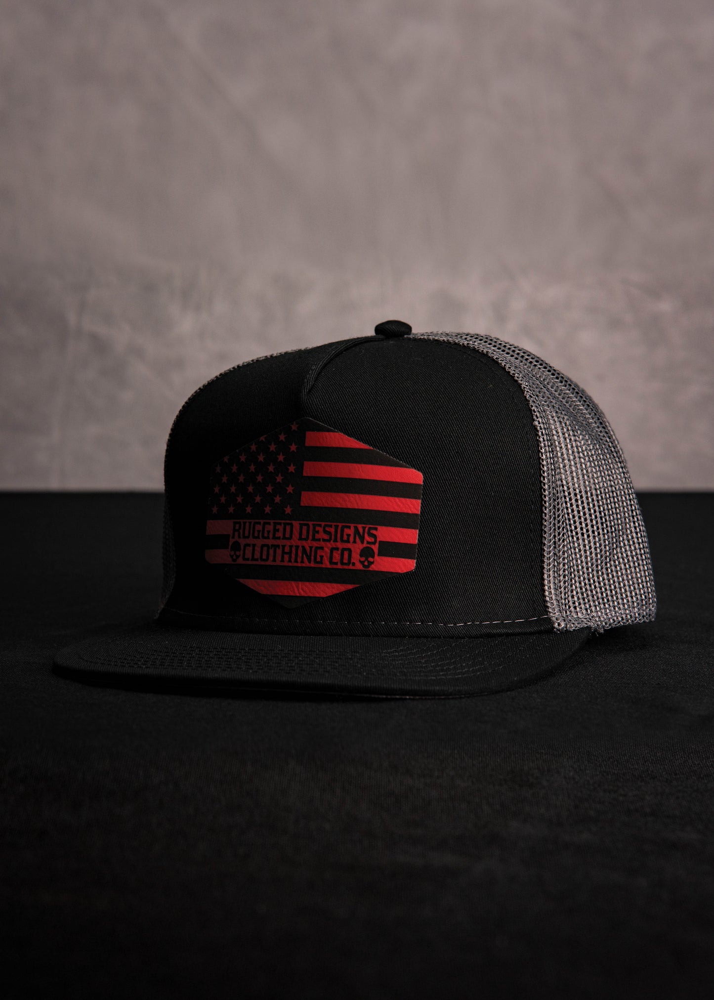 Rugged Flag Hexagon Leatherette Patch - Black/Gray Trucker Hat