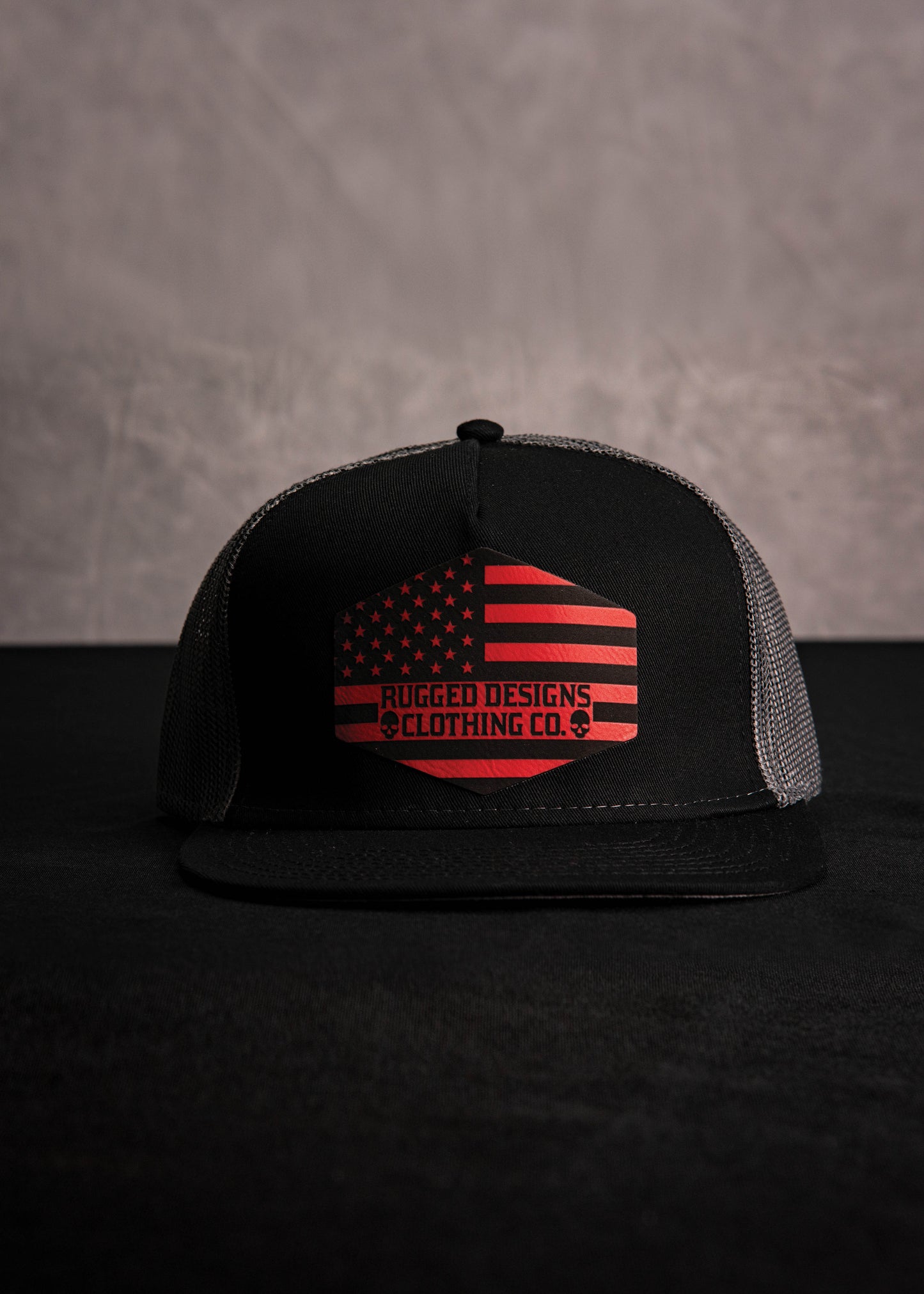 Rugged Flag Hexagon Leatherette Patch - Black/Gray Trucker Hat