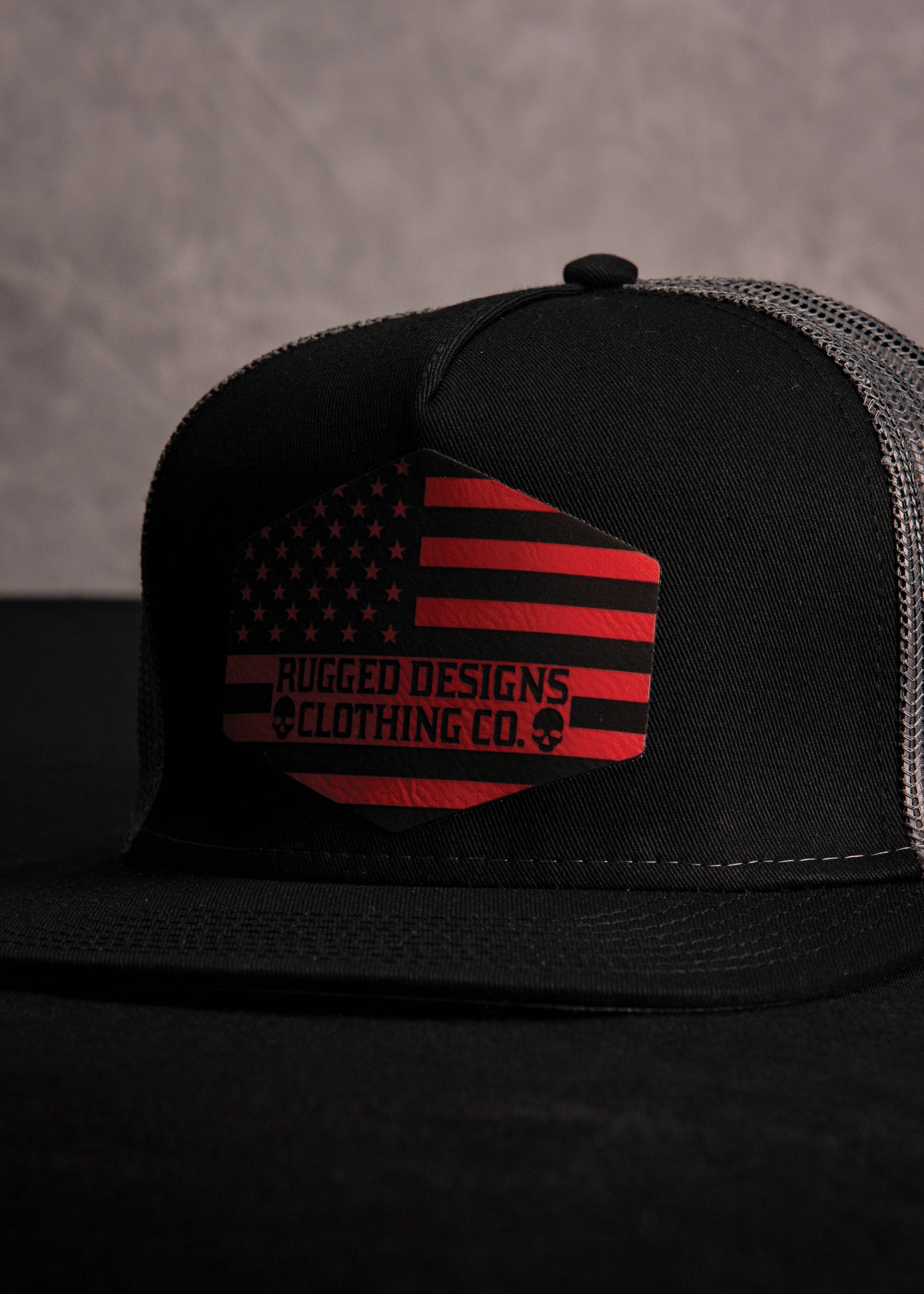 Rugged Flag Hexagon Leatherette Patch - Black/Gray Trucker Hat